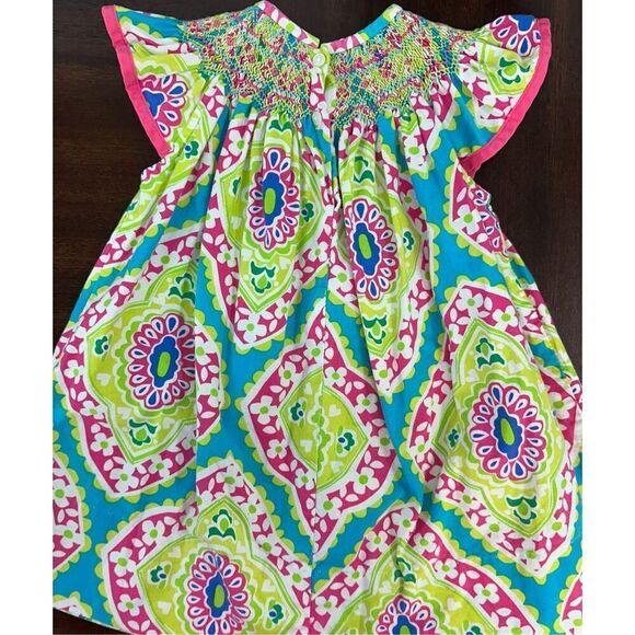 LE ZA ME MULTI-COLOR PRINT SMOCKED DRESS -12M - Picture 8 of 9
